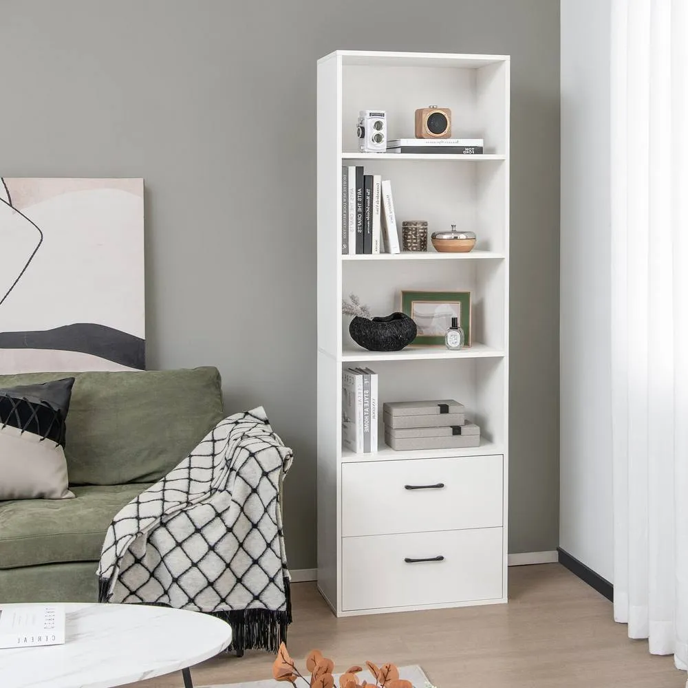 Costway 6-Tier Tall Bookshelf Wood Bookcase Organizer Display Storage Shelf W/ 2 Drawers in White 3