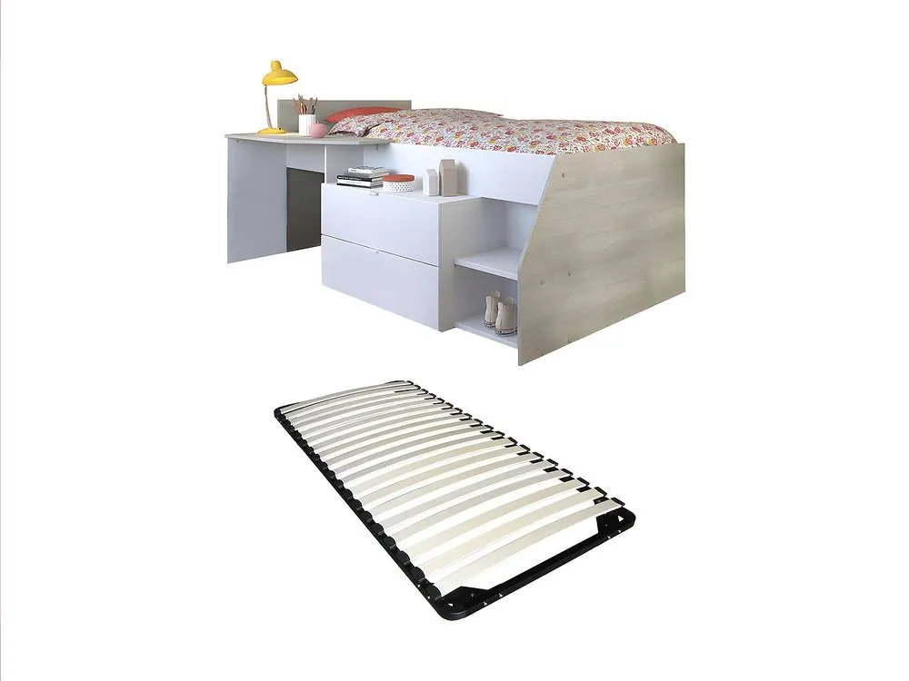 Vente-unique Bed With Desk & Storage - 90 X 200 Cm - White & Natural + Bed Base in Light Oak 2