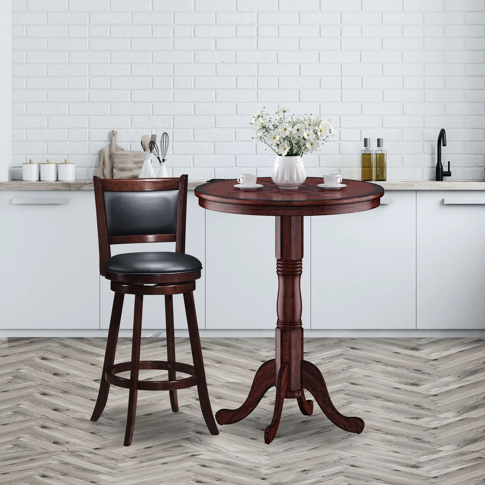 Costway Round Pub Pedestal Side Table w/ Stable Base Wooden Dining Table in Dark Brown 3