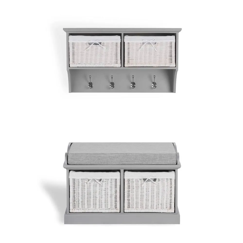 Statement Furniture Tetbury Bench with 2 White Wicker Baskets & Grey Cushion in Light Grey 6