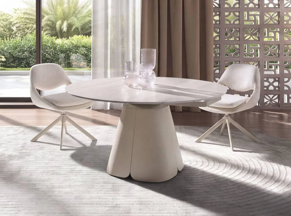 Angel Cerda Extendable Round Porcelain Dining Table with Steel Base in Beige 3