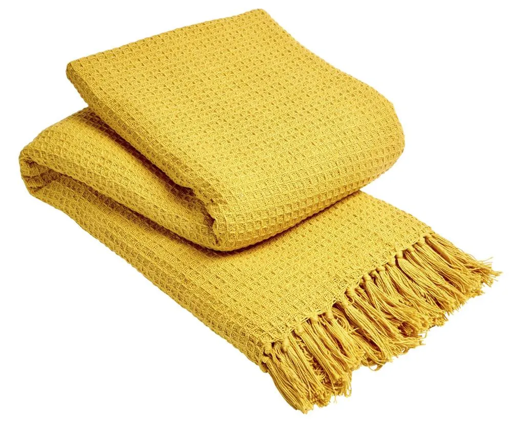 New Edge Blinds Lisbon Pure Cotton Honeycomb Throw in Ochre, 127 x 152cm in Mustard