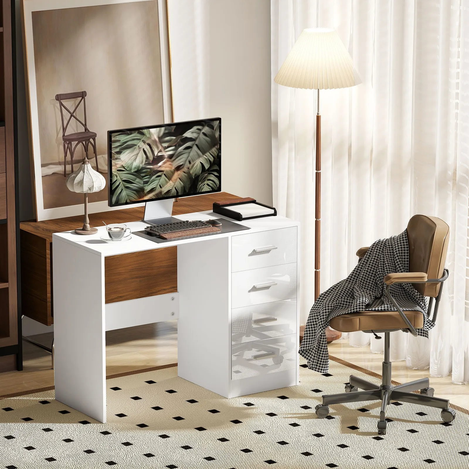 HOMCOM Computer Writing Desk, Study Table with 4 Drawers in White