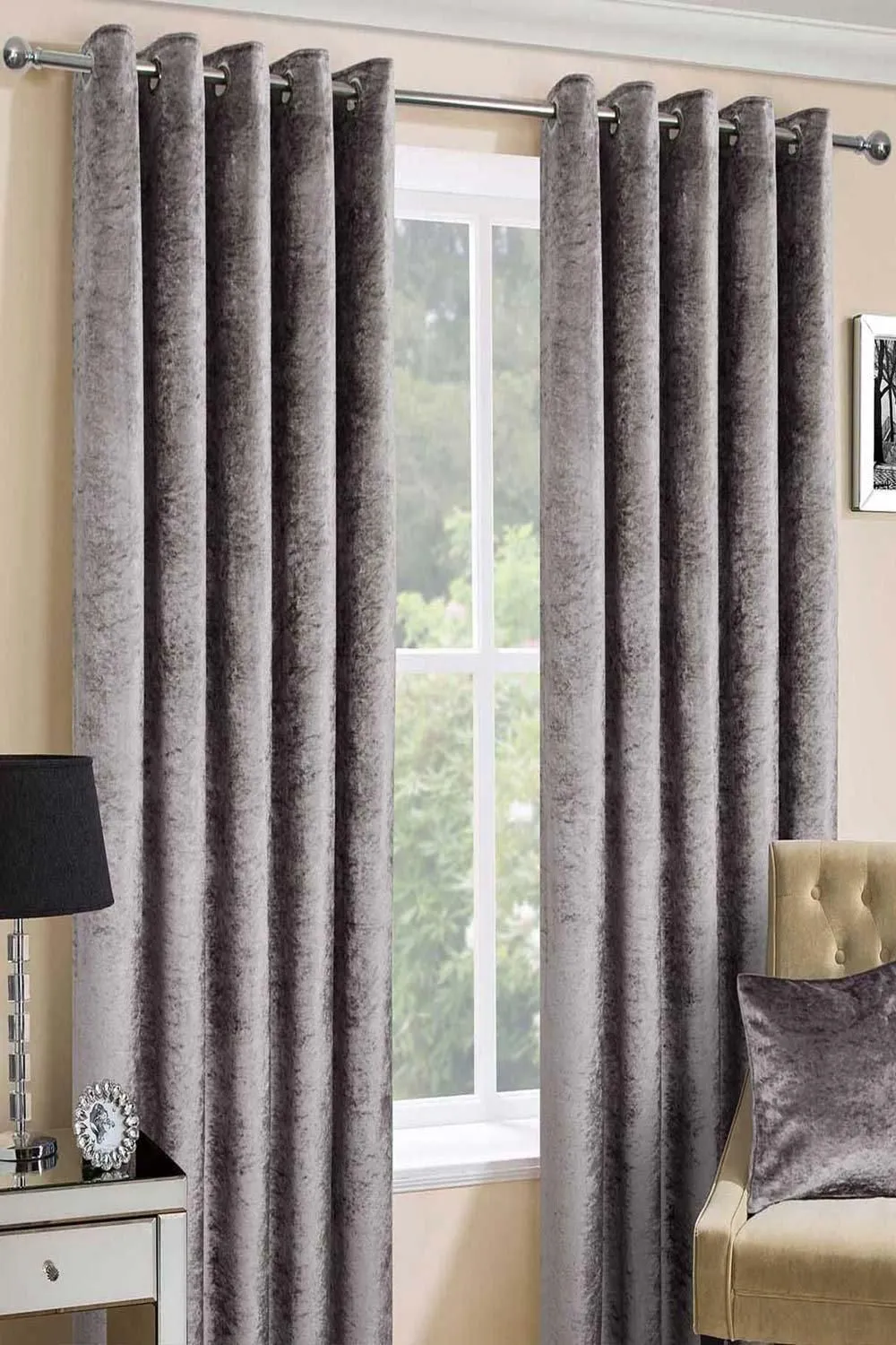 Homescapes Luxury Crushed Velvet Lined Eyelet Curtain Pair in Silver