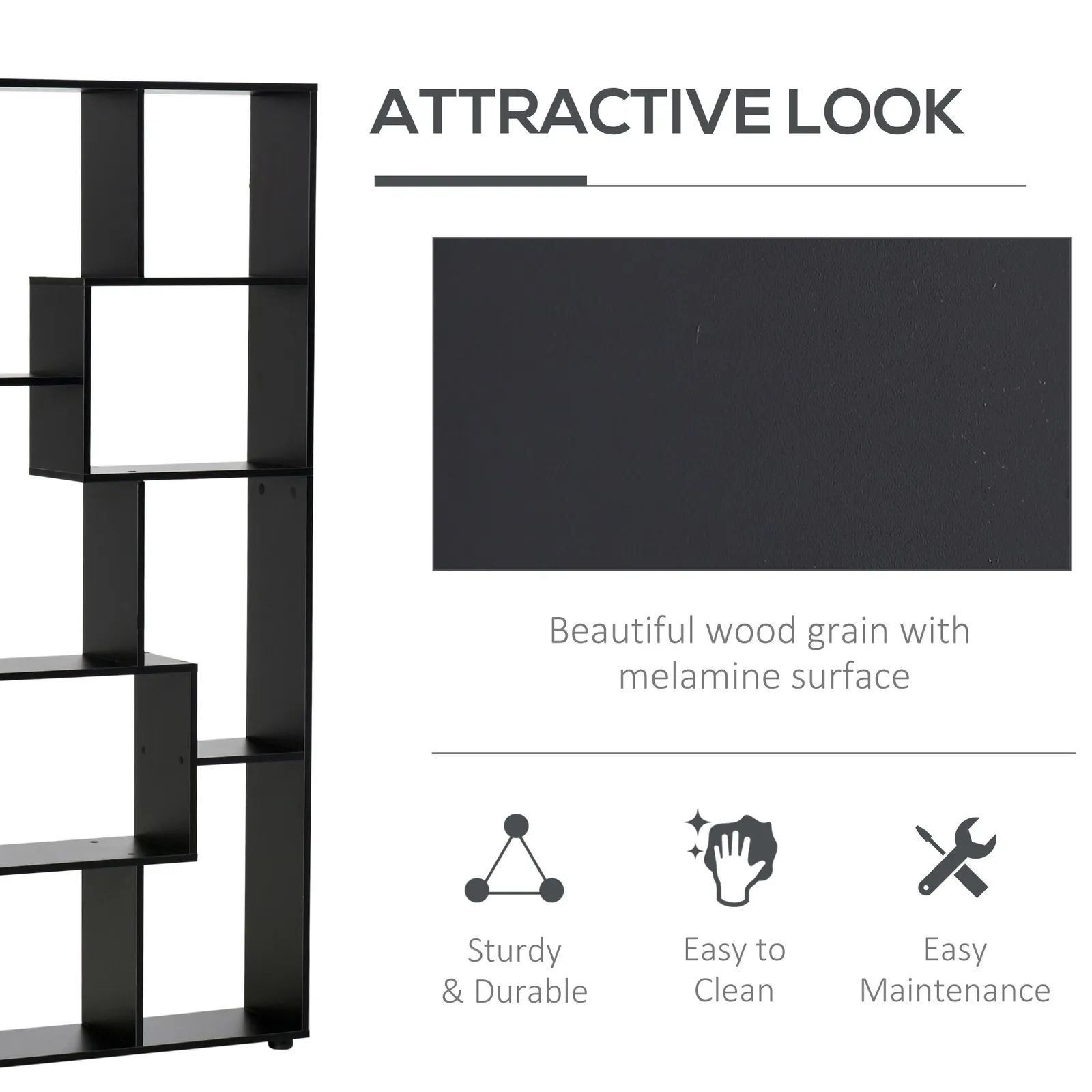HOMCOM 7-Tier Bookshelf w/ Melamine Surface Foot Pads Anti-Tipping for Home in Black 6