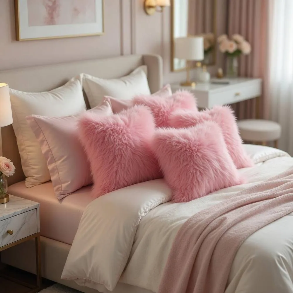 Luxury Living Soft Mongolian Faux Fur Cushions Set of 4 with Pads in Cerise