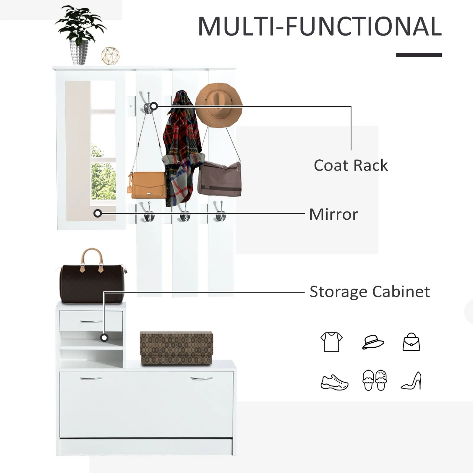 HOMCOM Entryway Organizer Shoe Storage Space Saving Mirror Chest Wardrobe in White 4