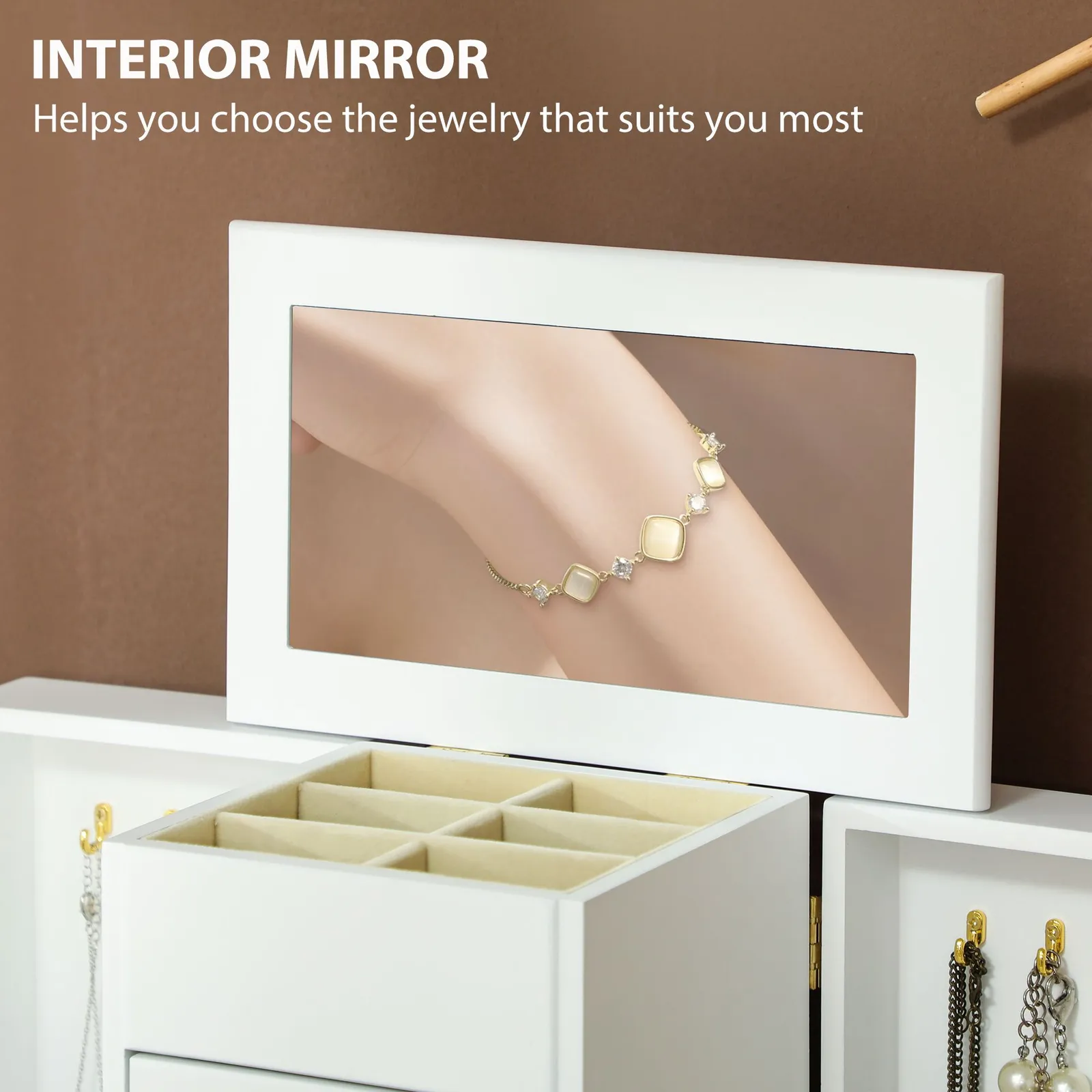 HOMCOM 4-Tier Large Jewellery Box with Mirror & 3 Drawers, White 5