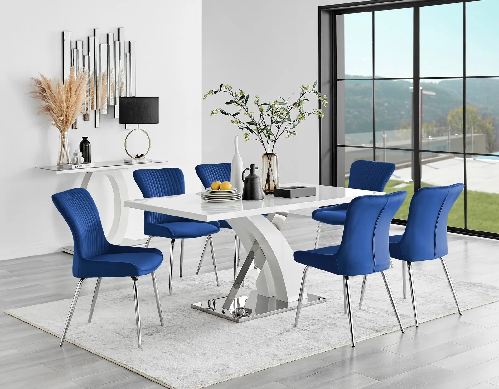 FurnitureboxUK Atlanta 6 White Dining Table & 6 Nora Silver Leg Chairs in Blue 1