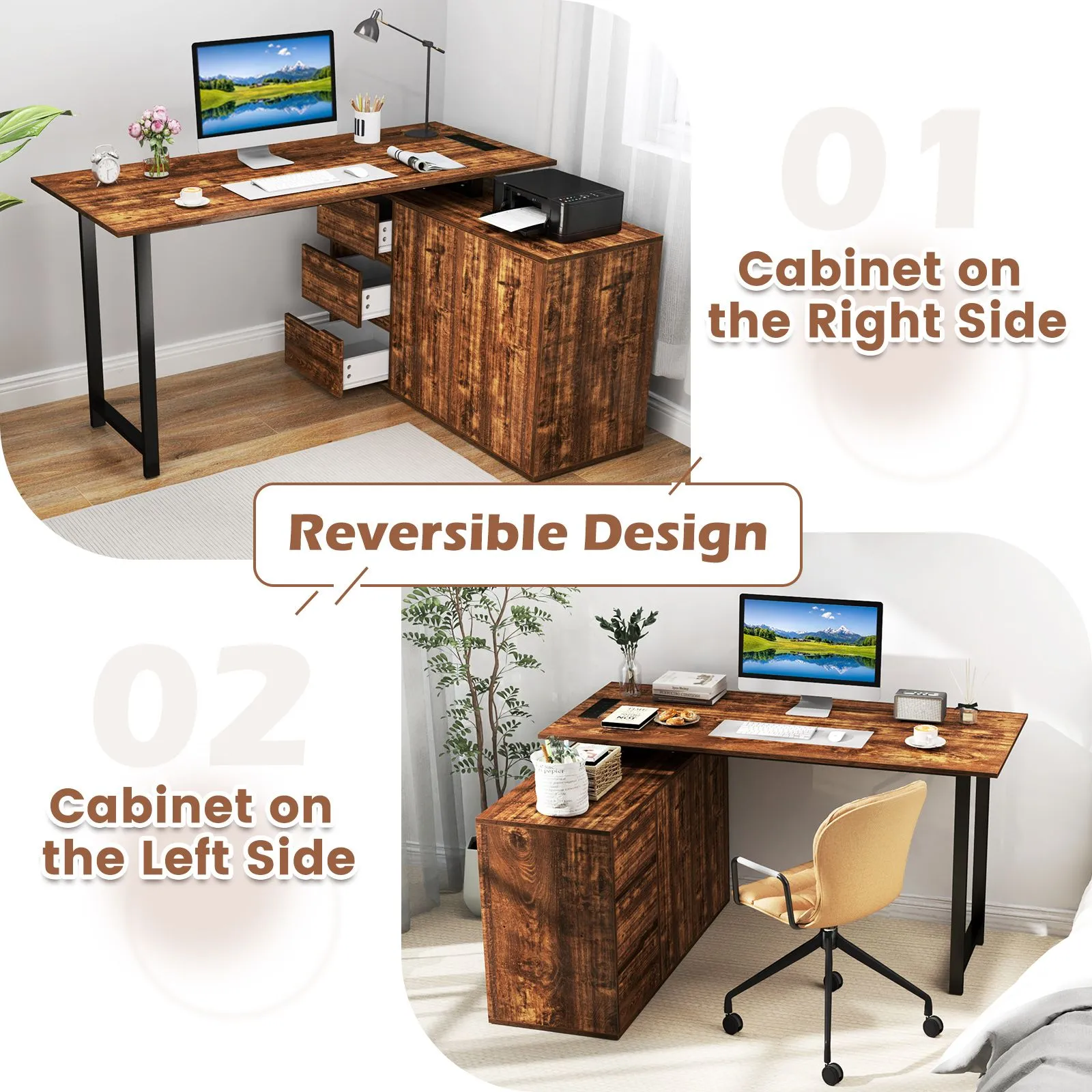 Costway L-Shaped Computer Desk Reversible Corner Laptop Desk Workstation in Brown 3