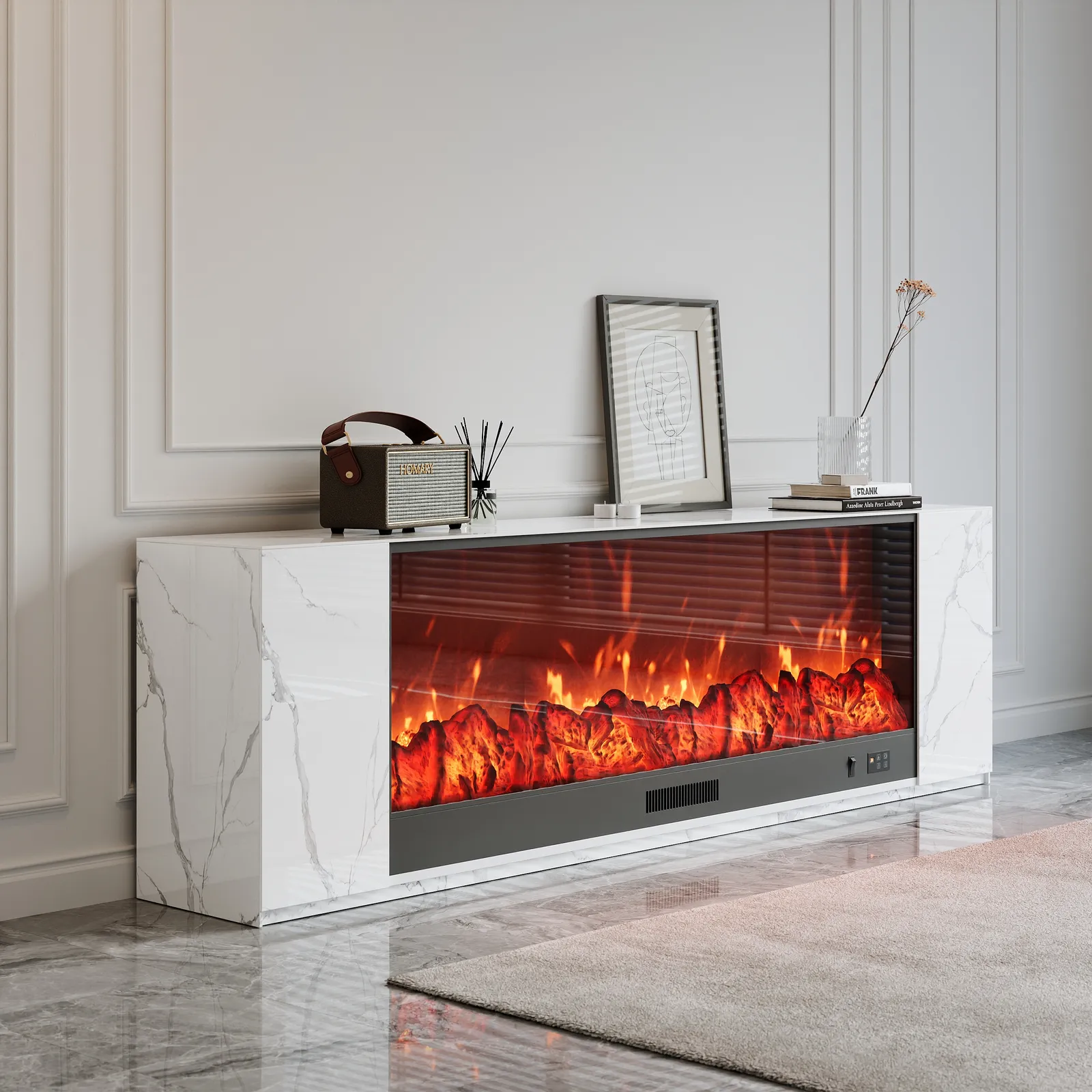 200 cm Modern White Marble Veneer Sintered Stone Electric Fireplace TV Stand with Remote Control Temperature Adjustable