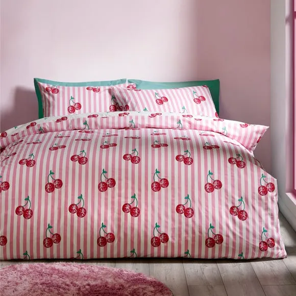 Catherine Lansfield Disco Cherries Stripes Polycotton Duvet Cover & Pillowcase Set 1