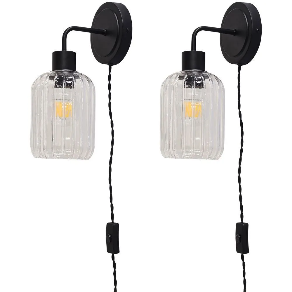 First Choice Lighting Set of 2 Toby - Black Plug in Wall Lights Ribbed Glass Shades