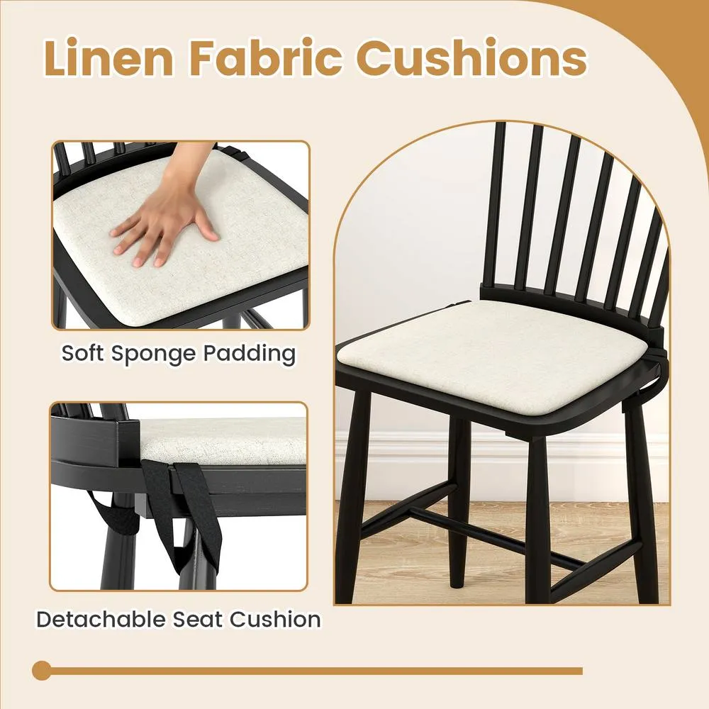 Costway 2PCS Windsor Dining Chair Wooden Chairs w/ Removable Seat Cushion in Black 5