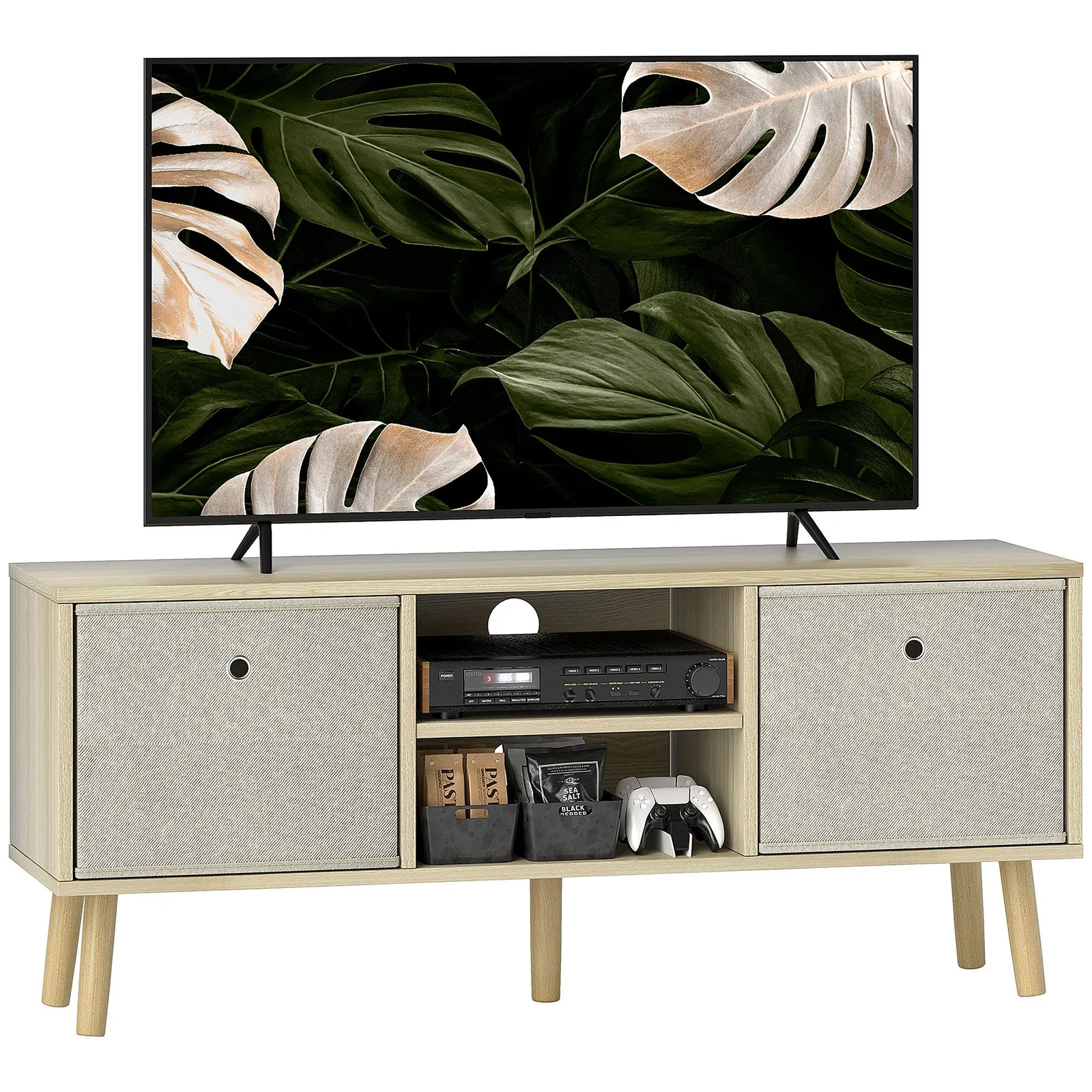 HOMCOM Modern TV Cabinet Stand w/ Shelves & Drawers, Bedroom Natural 2