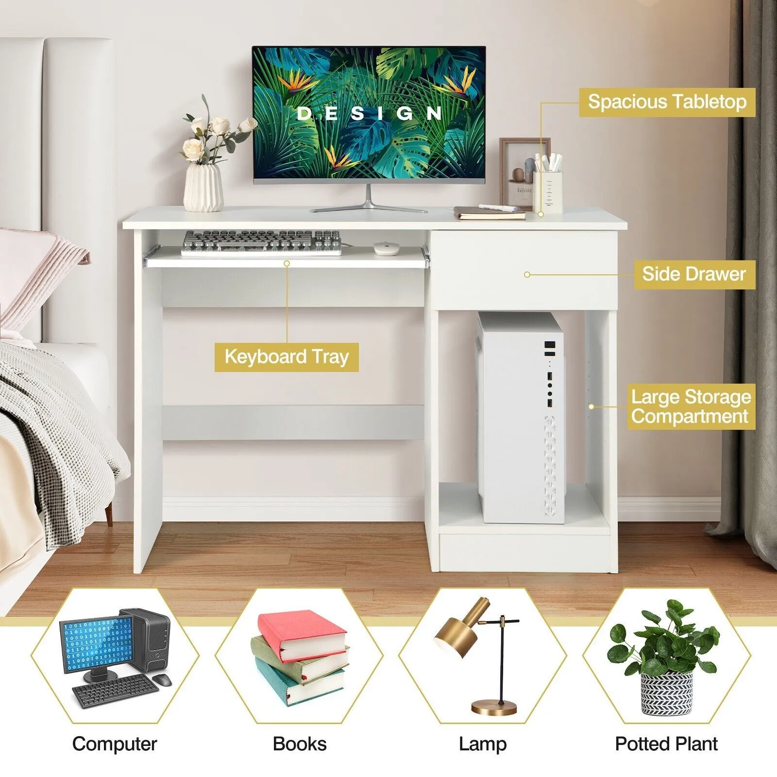 Costway Modern Computer Desk Workstation PC Laptop Table w/ Keyboard Tray & Drawer in White 6