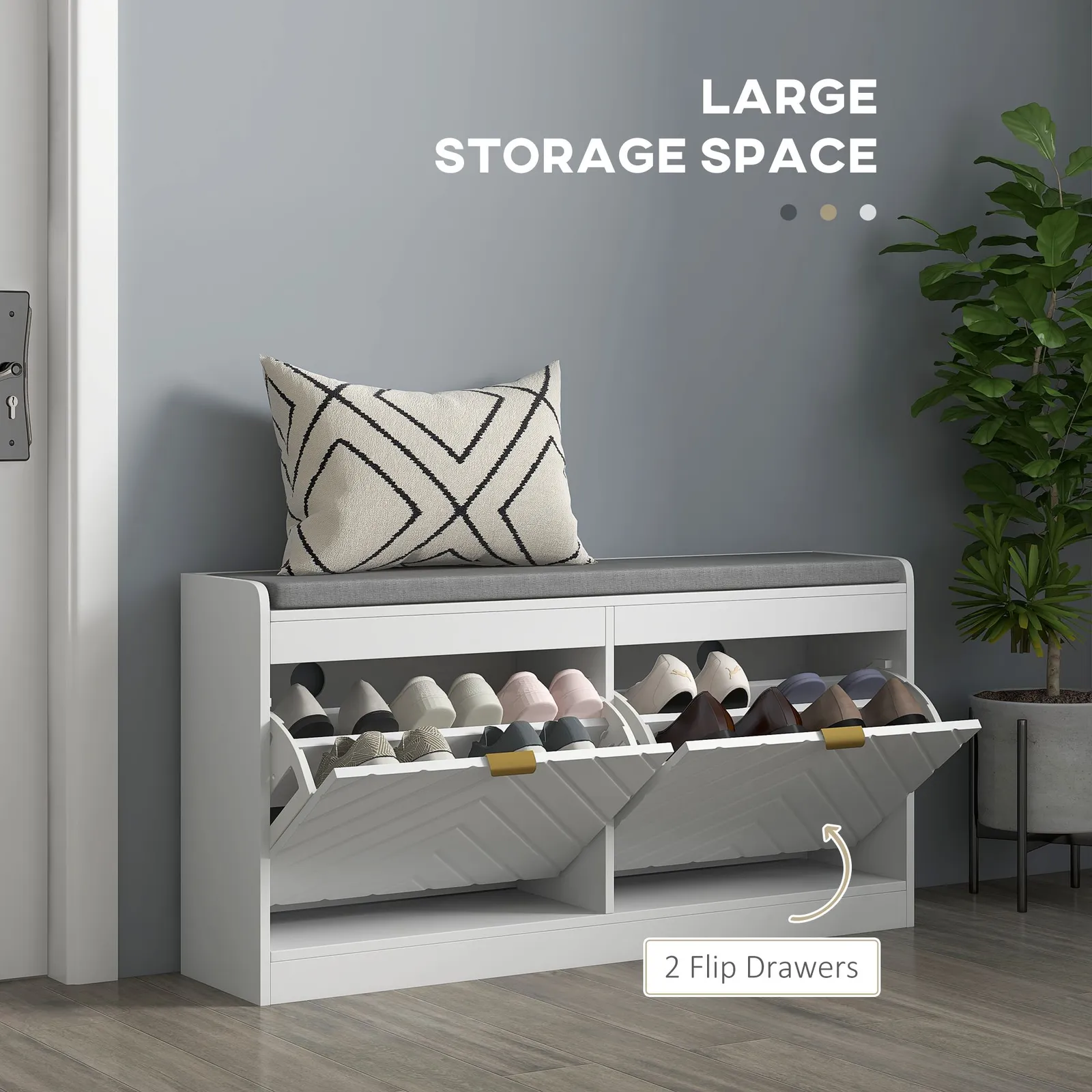 HOMCOM Shoe Storage Bench with 2 Flip Drawers Cushion 2 Vents for 8 Pairs in White 4