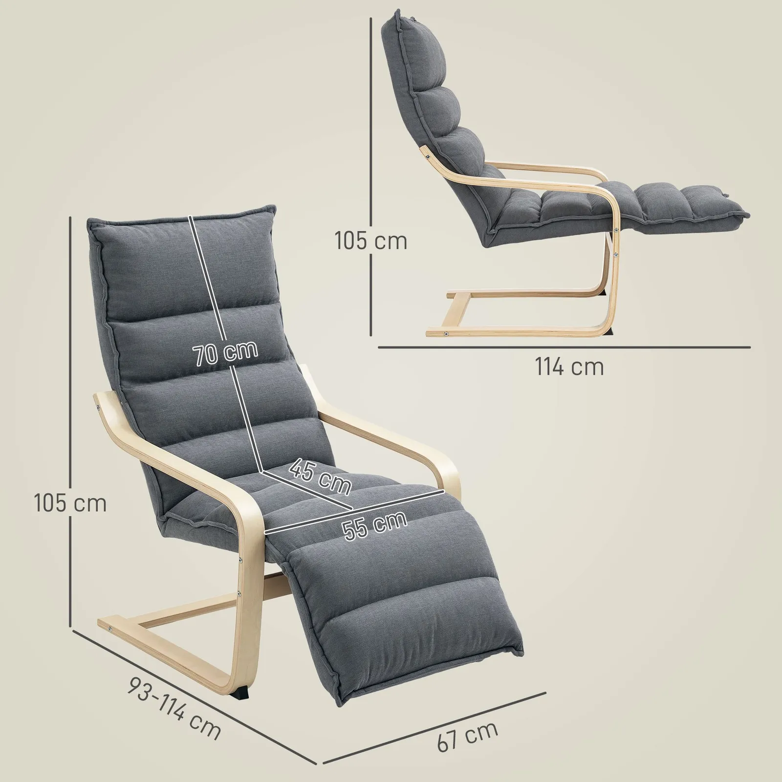 HOMCOM Birch Wood Lounge Chair for Living Room, Bedroom in Dark Grey 3