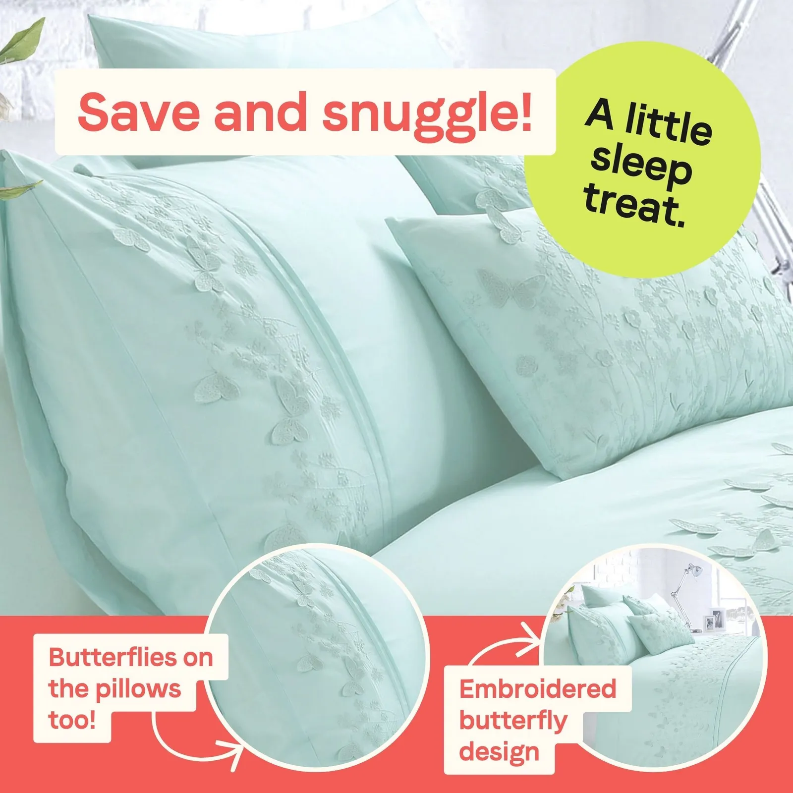 Rapport Home Papillon Polycotton Duvet Cover Set with Pillowcase in Duck Egg Blue 3