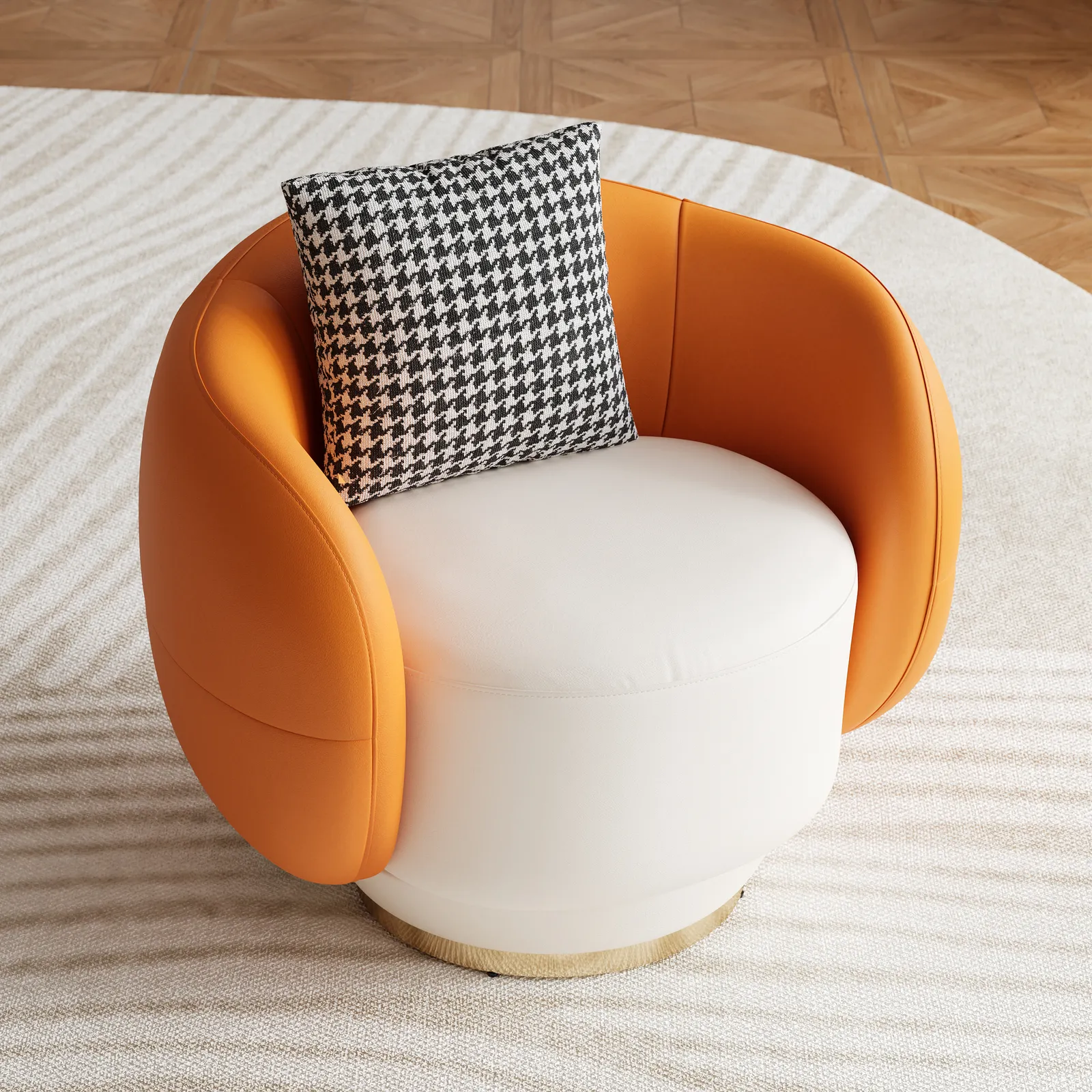 Swivel Barrel Accent Chair Faux Leather Armchair for Living Room in Orange & White