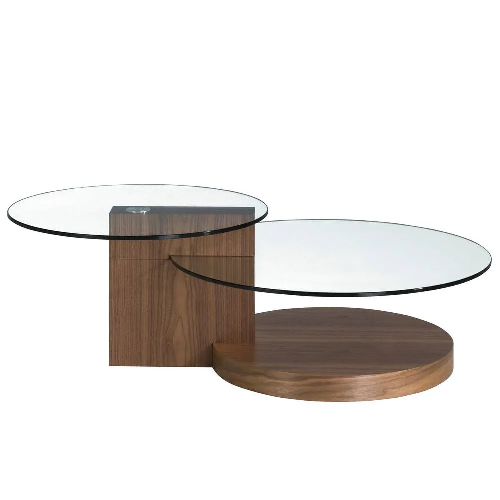 Angel Cerda Round Tempered Glass & Walnut-Veneer Coffee Table in Brown 2