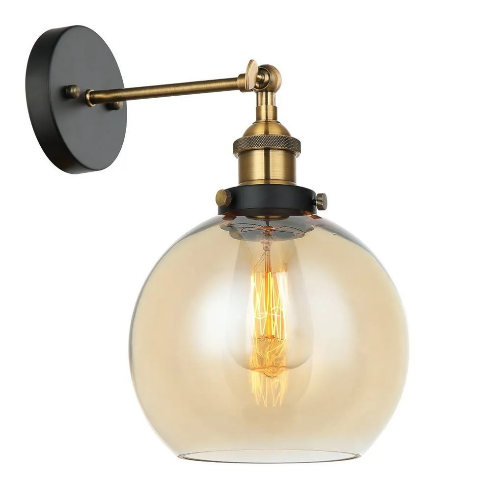 Netlighting Industrial & Retro Wall Lamp Black Gold Amber Shade E27 Dimmable