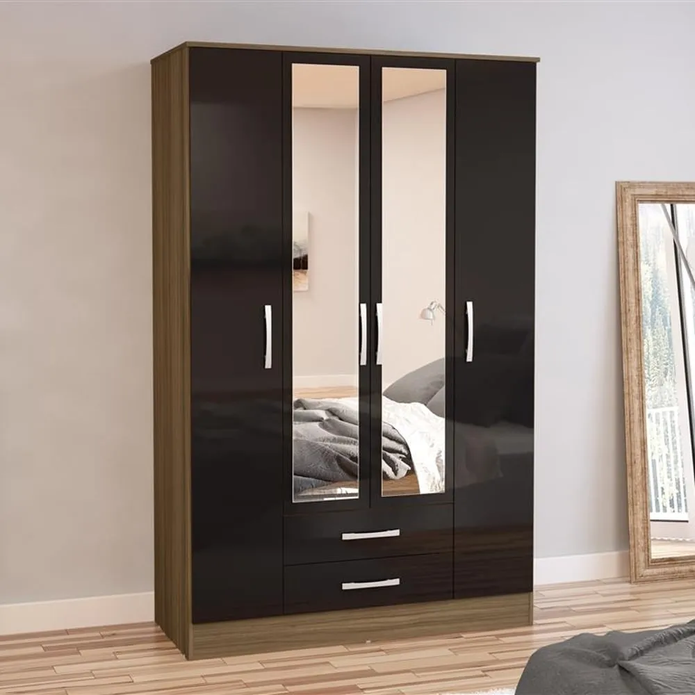 Lynx 4 Door Combination Mirrored Wardrobe Walnut and Black