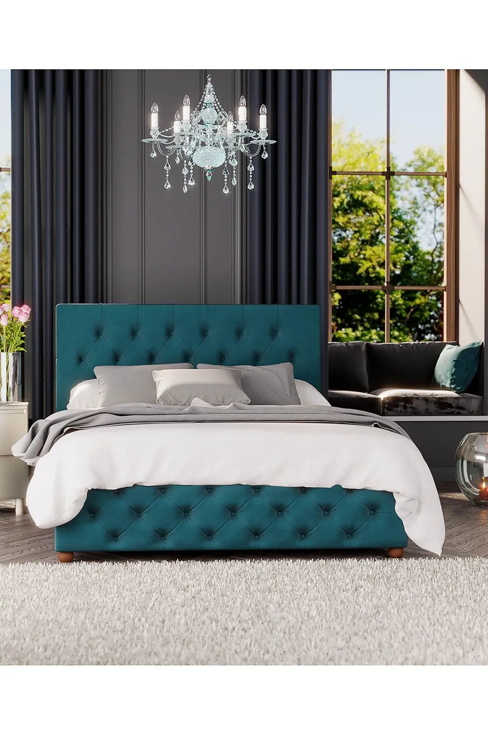 Laurence Llewelyn-Bowen Luna Ottoman Storage Bed in Plush Velvet Fabric, Custom Made in Emerald 5