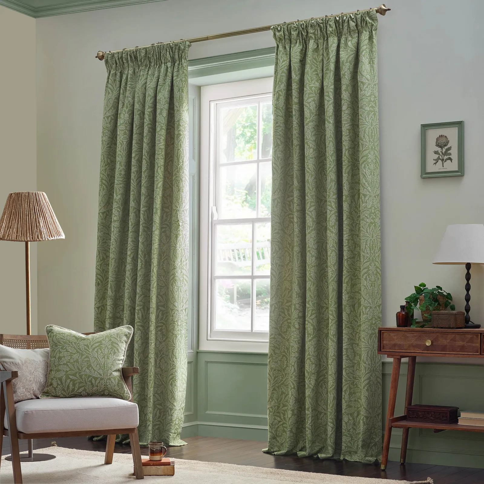 Morris & Co Acorn Tonal Fully Lined Matt Jacquard Pencil Pleat Curtains in Green 2