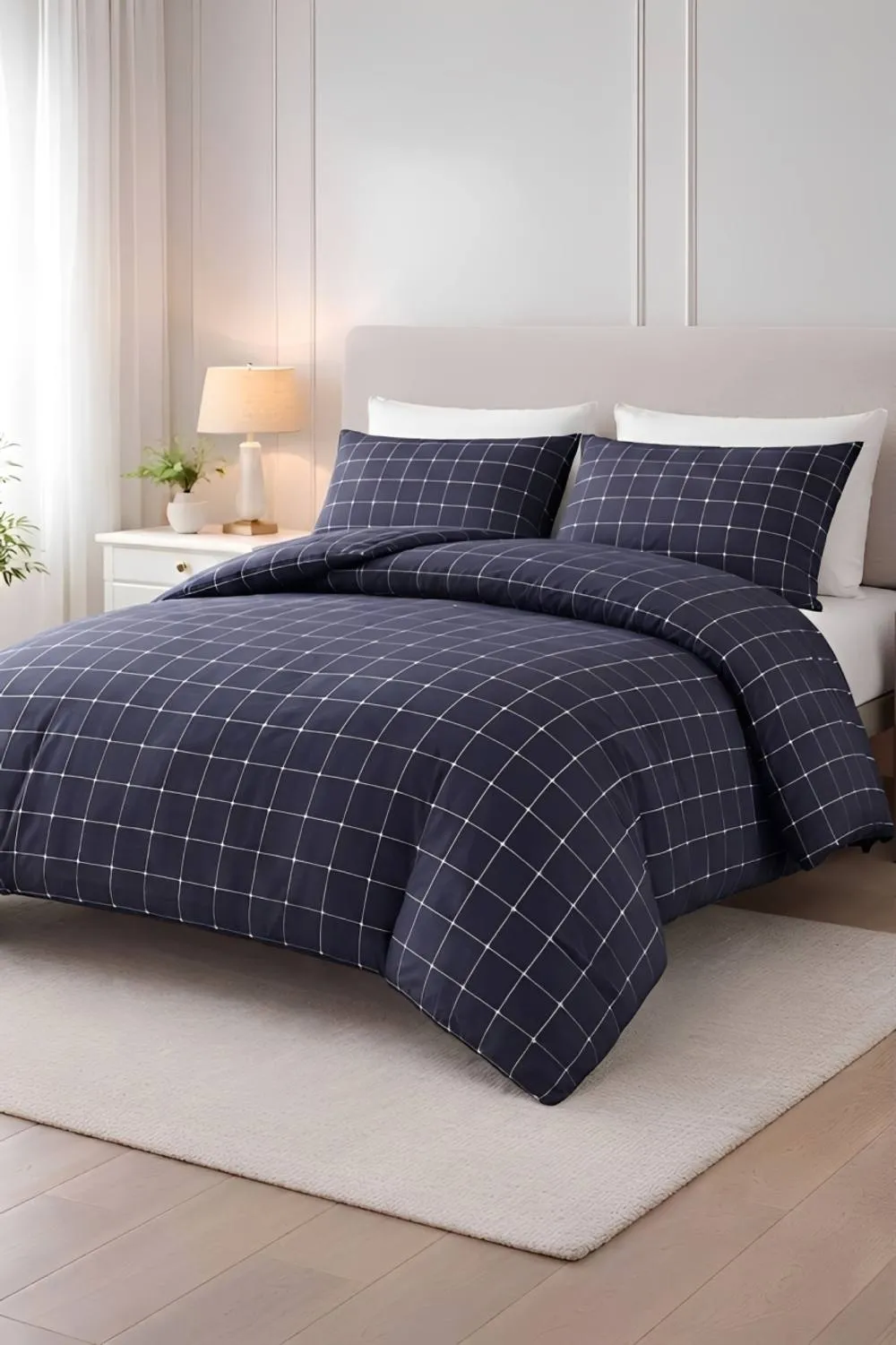 Pamposh Double Brushed Microfibre Check Duvet Cover Set Reversible in Navy