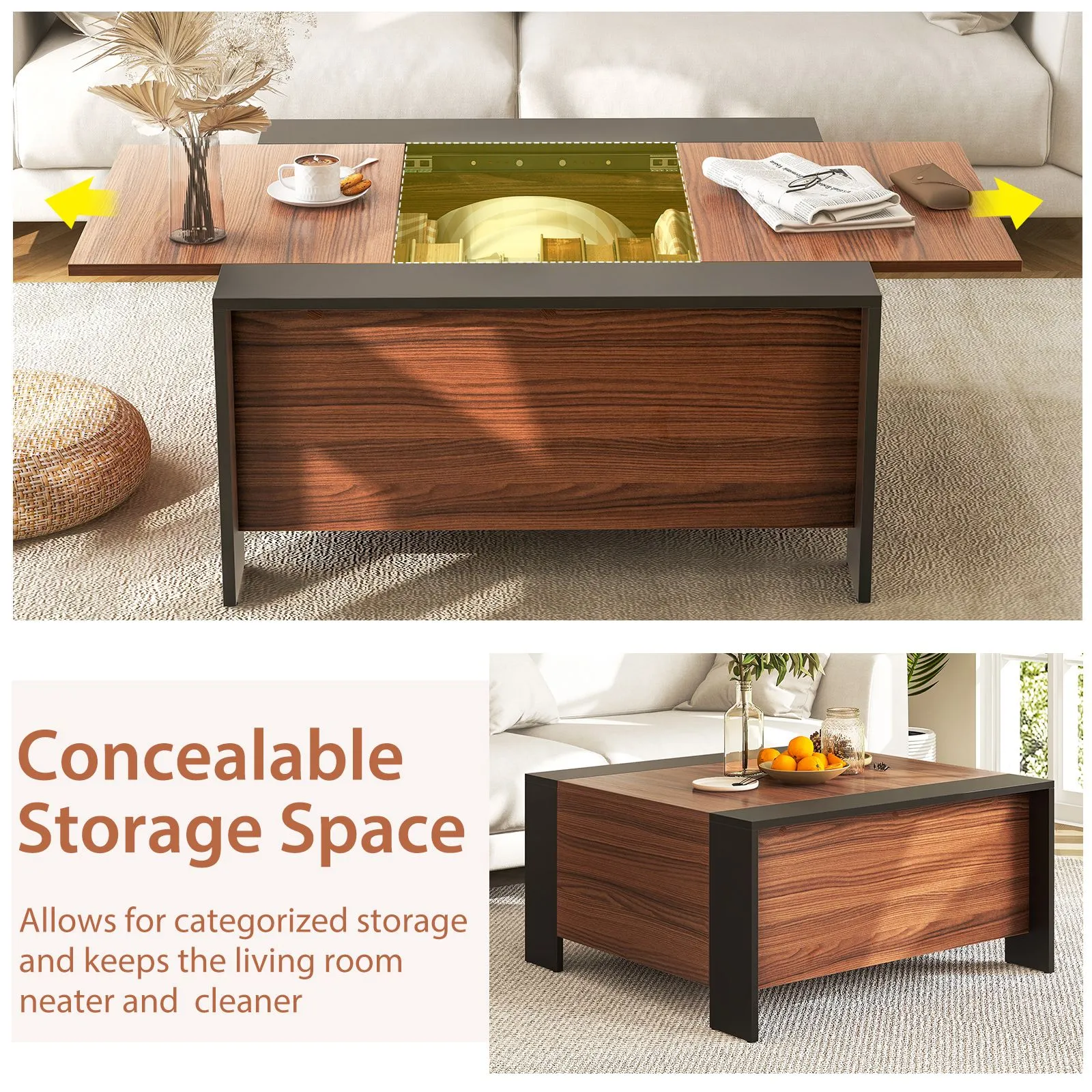 Costway 92 x 92cm Coffee Table w/ Sliding Top Square Center Table Extendable Cocktail Tea Table in Brown 4