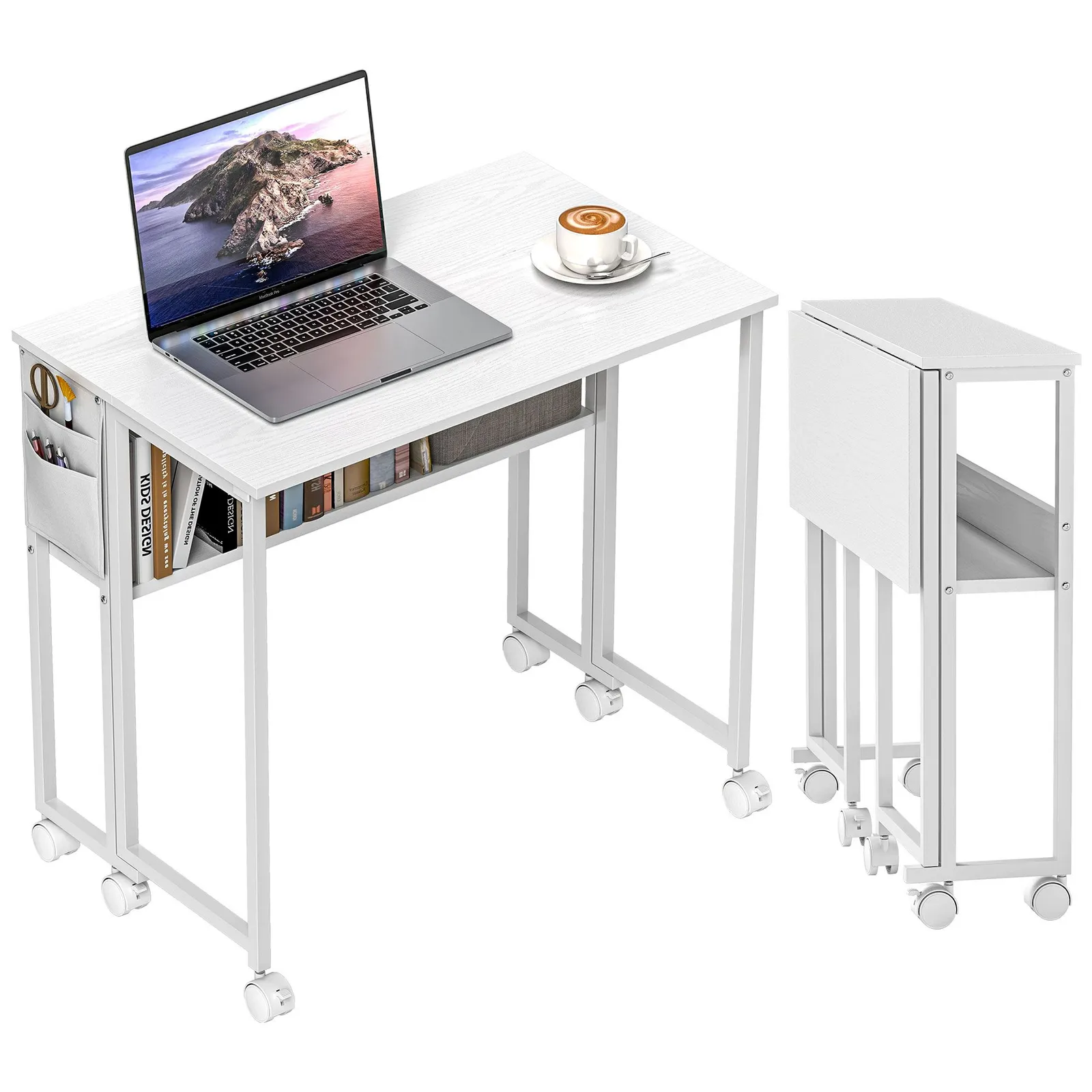 HOMCOM 80 cm Foldable Computer Desk on Wheels for Small Spaces White 2