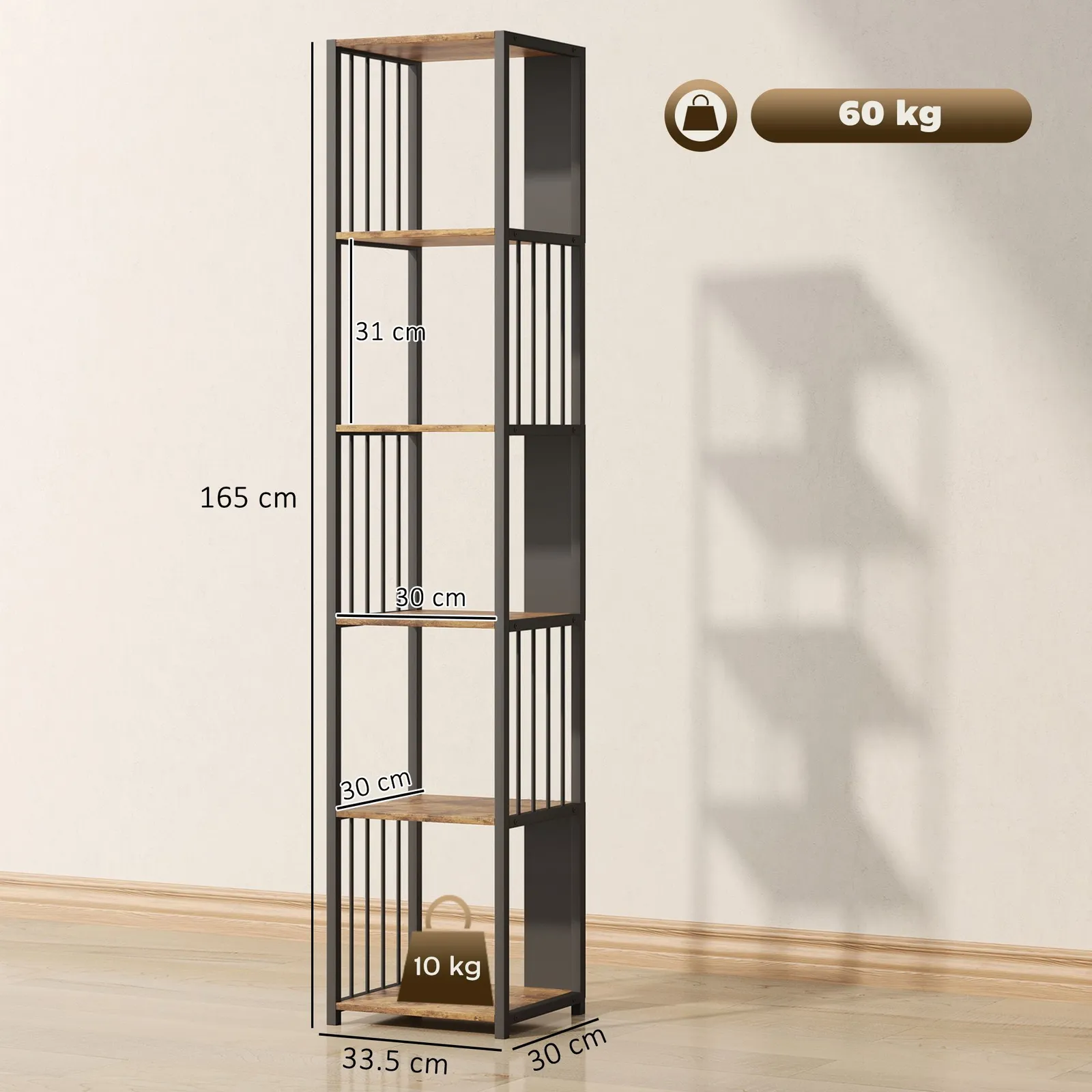 HOMCOM 5-Tier Bookshelf, Freestanding Display Storage Unit, Rustic Brown 3