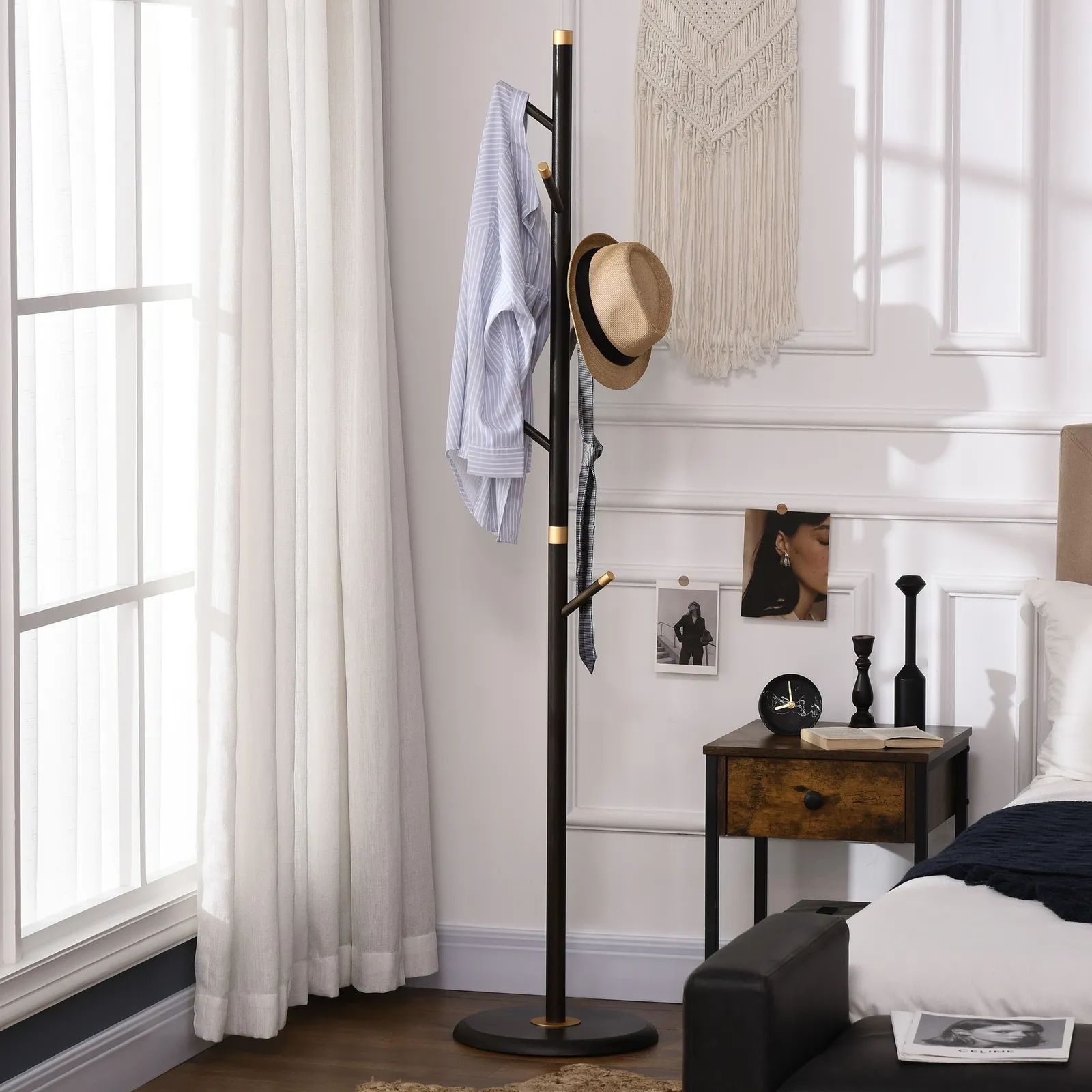 HOMCOM Freestanding Coat Rack Stand Coat Hanger with 6 Hooks in Brown