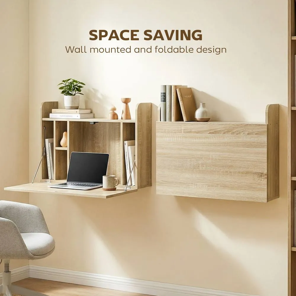 HOMCOM Wall Mounted Table w/ Space Saving Storage Compartments in Light Oak 4