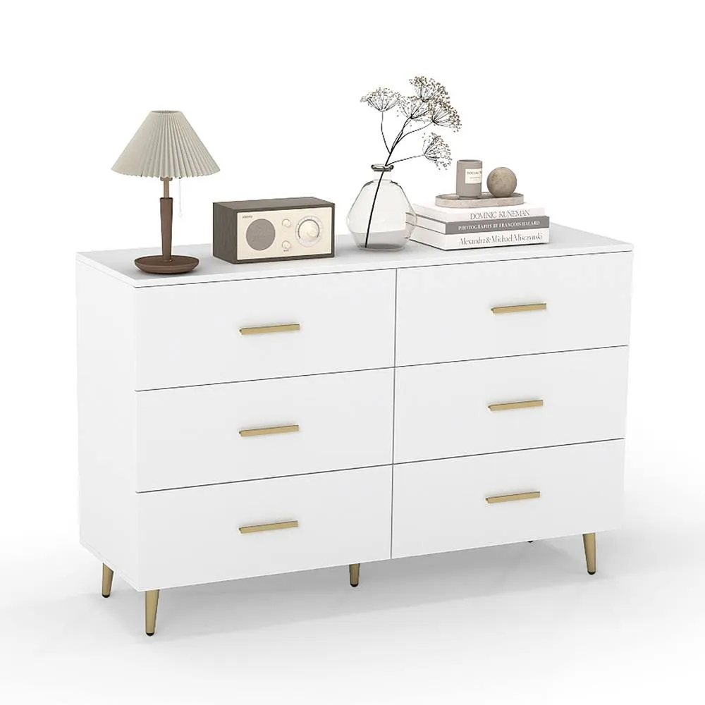 Costway Modern 6 Drawer Dresser Wooden Wide Chest of Drawers in White 3
