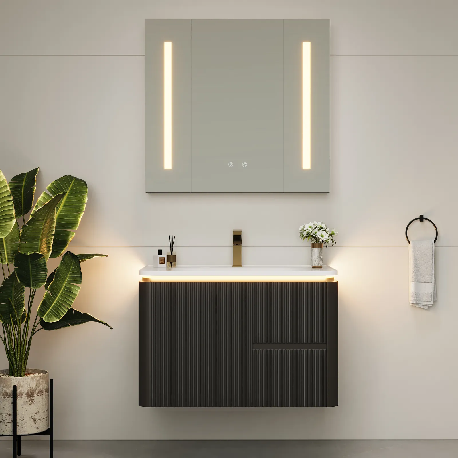 Modern 80 cm Floating Bathroom Vanity with Sink, Soft LED, Ample Storage