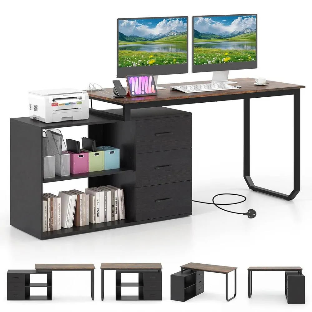Costway 140cm Reversible L-Shaped Desk w/ Power Outlet Study Writing Table in Brown 2