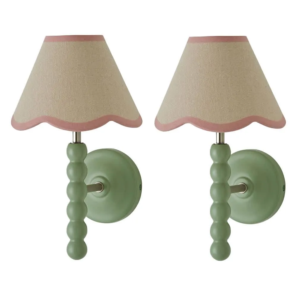 ValueLights Bobbins Pair of Green Wall Lights & Linen Pastel Trim Lamp Shades in Pale Pink 1