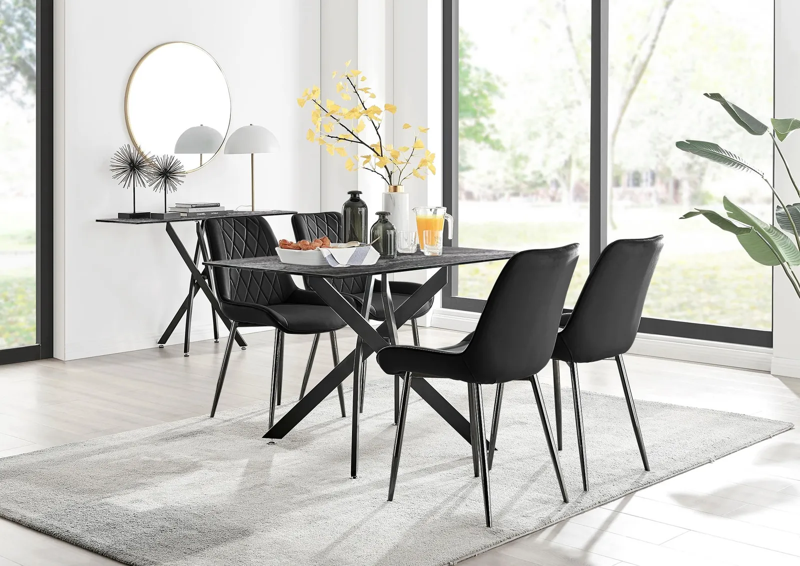 FurnitureboxUK Leonardo Grey Glass Marble Effect Black Leg Table & 4 Pesaro Black Leg Chairs 1