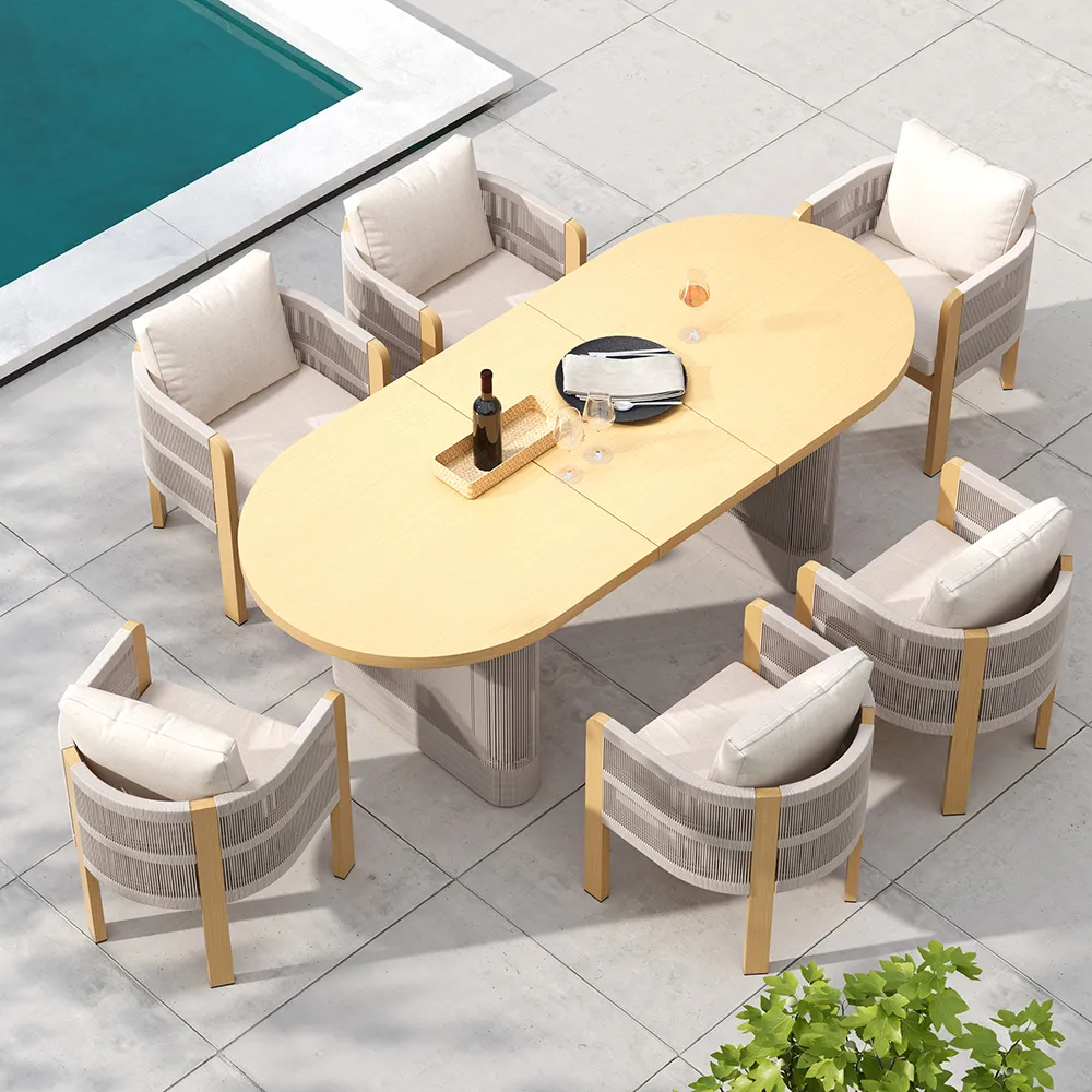 7 PCS Outdoor Extendable Dining Set, Farmhouse Style Extendable Outdoor & Yard Dining Table Set with 6 Woven Armchairs for 4 to 6 Person