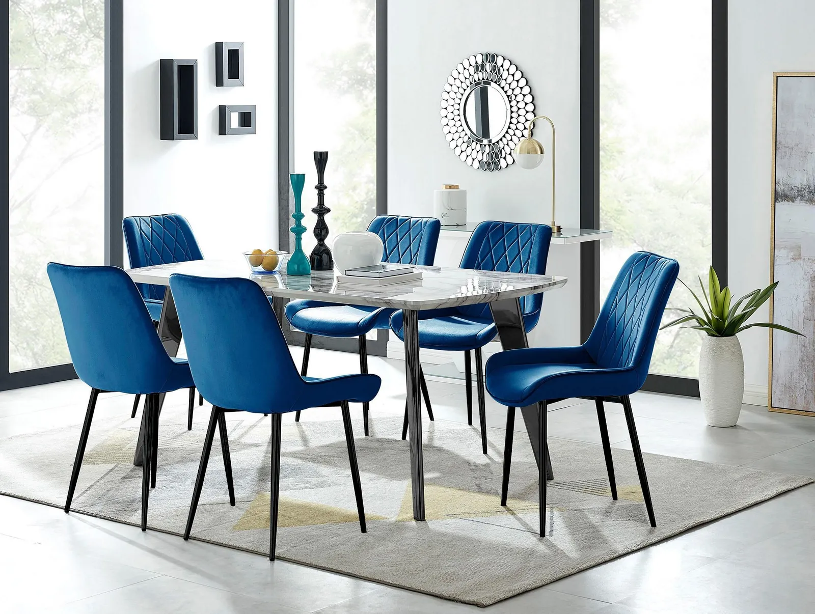 FurnitureboxUK Andria White Marble Effect & Black Leg 6 Seater Dining Table & 6 Pesaro Soft Velvet Chairs in Navy 1