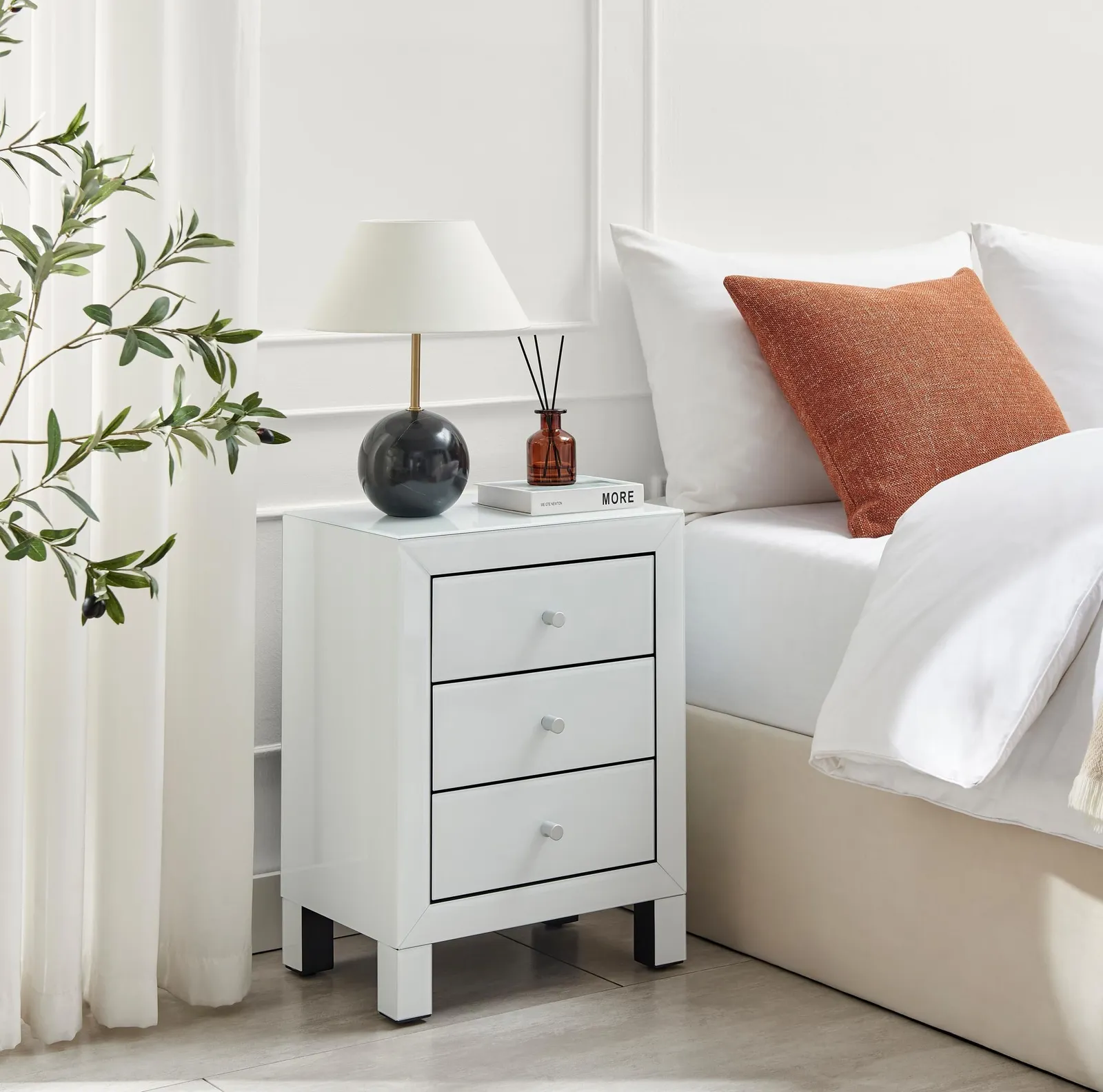FurnitureboxUK Lexi Large Wooden Bedside Table with 3 Drawers & a Modern Mirrored Finish in White 1