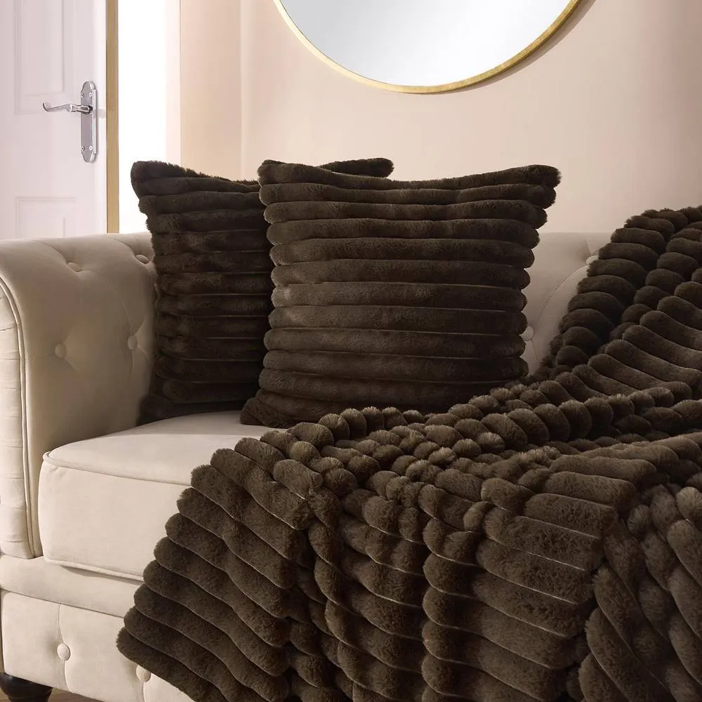 OHS 2 x Faux Fur Thick Rib Cushion Covers in Chocolate