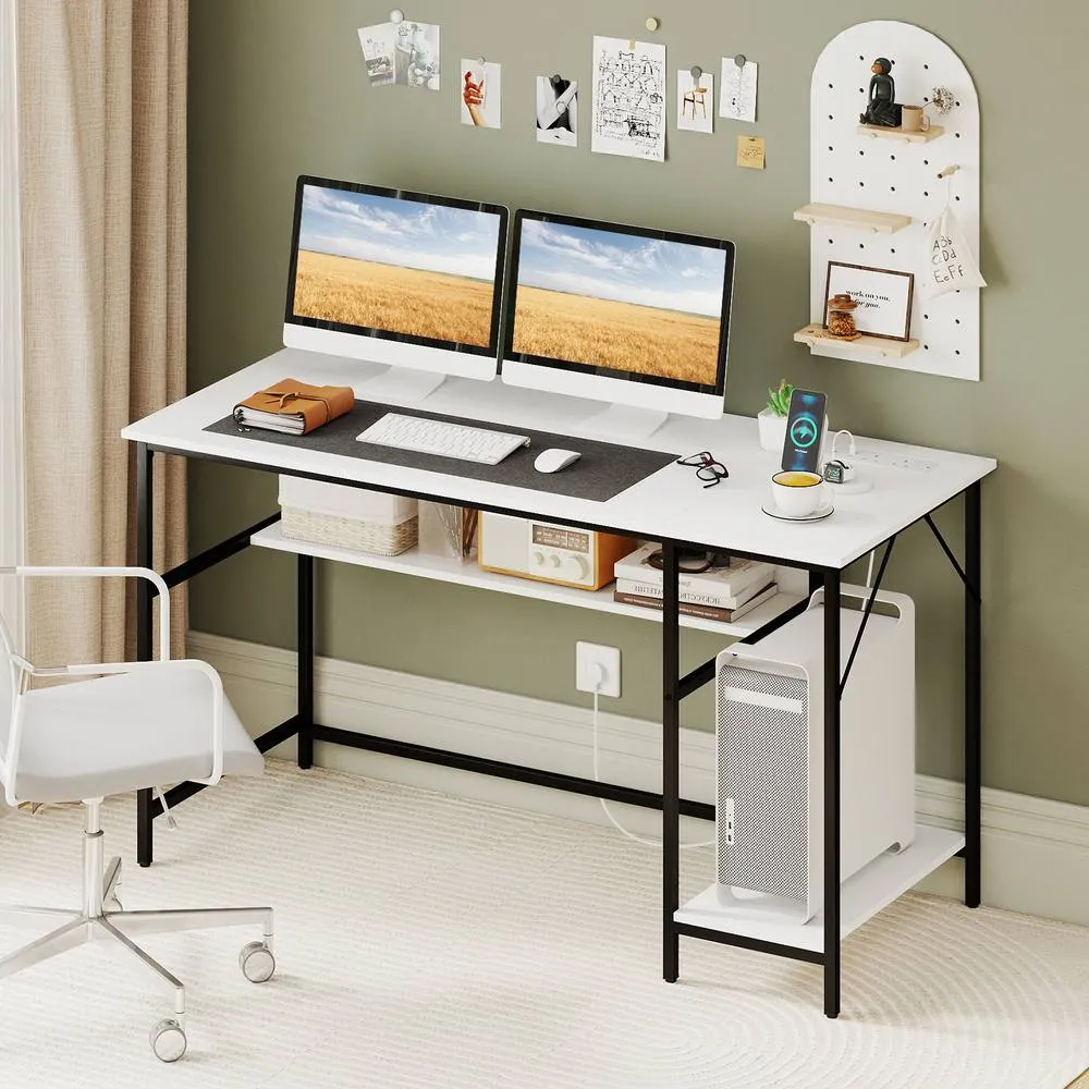 Costway 140 x 60 CM Computer Desk w/ Charging Station & 4 Power Outlets in White 4