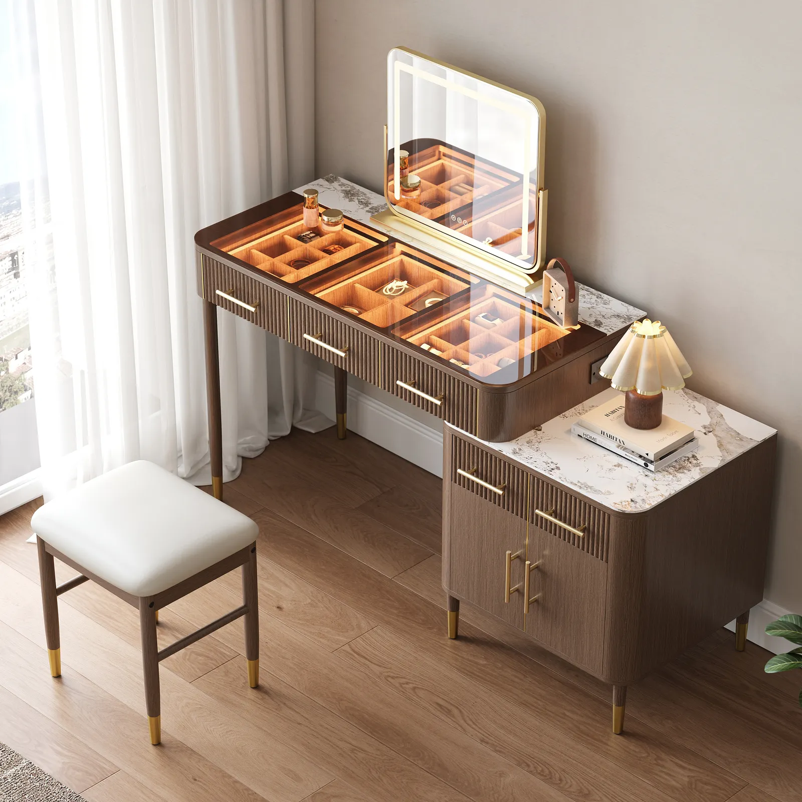 Glass Walnut Dressing Table with Chair with Lighted Mirror & Stool Mid Century Modern Dressing Table with Top