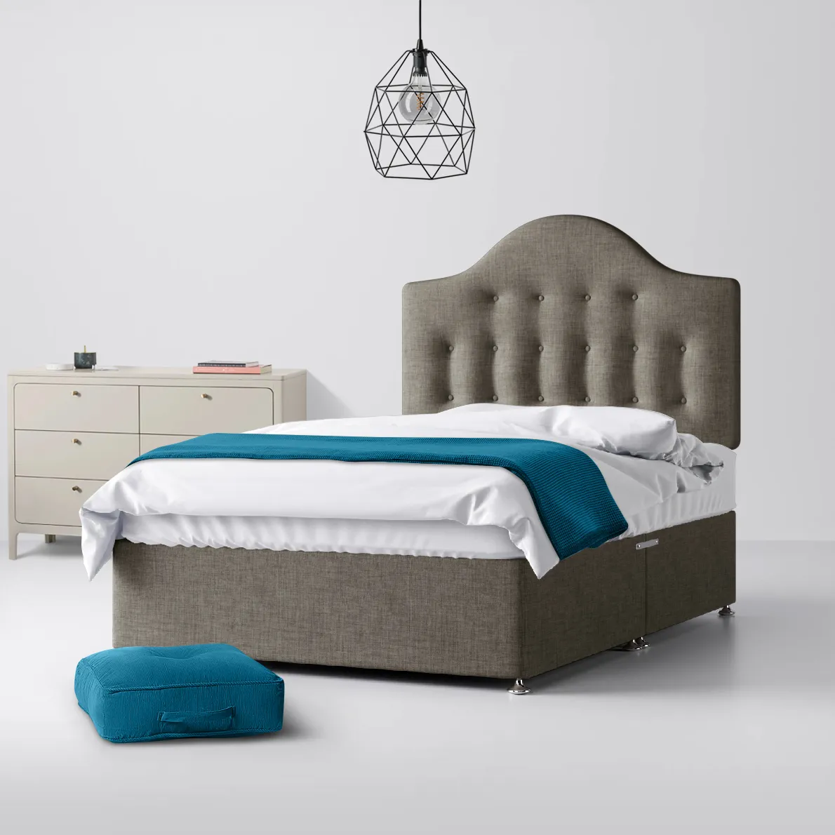 Victor Buttoned Slate Grey Fabric No Drawer Divan Bed - 4ft Small Double