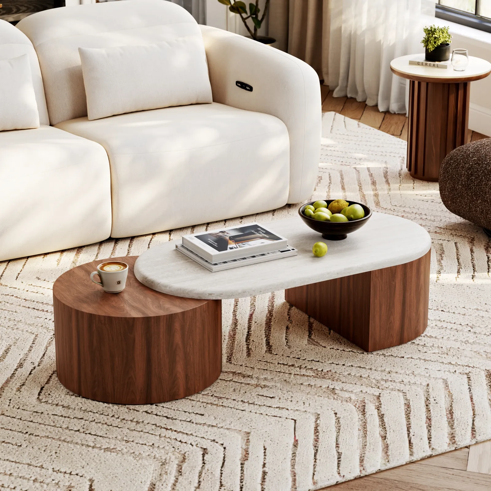 47"-60" Extendable Walnut Coffee Table with Travertine Veneer Top