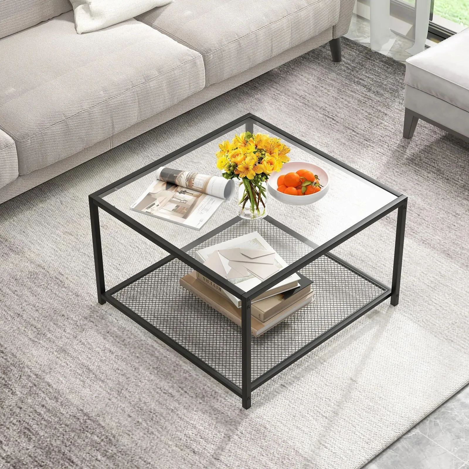 Costway Modern Glass Top Coffee Table Home Square Center Table Accent Sofa Side Table in Clear 4