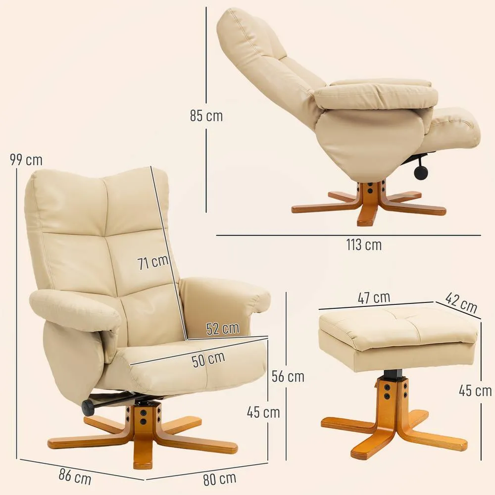 HOMCOM Recliner Chair & Footstool PU Leather Wooden Base, Beige 3